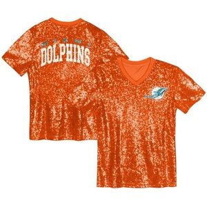 Miami Dolphins NFL Orange Wordmark Sequin V-Neck Women's Top Shirt NWT Size S‎